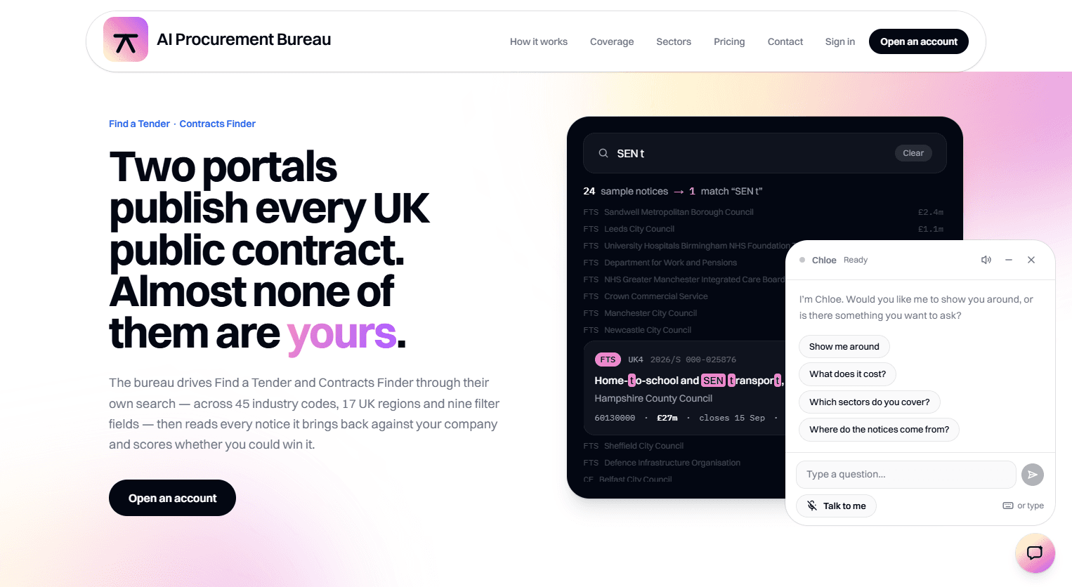 The home page of AI Procurement Bureau, a live website I built