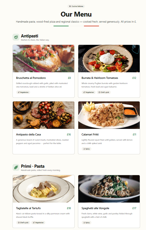 Gina's Trattoria: Menu