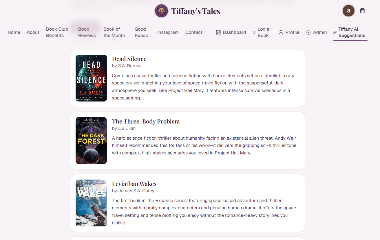 Tiffany's Tales — Tiffany AI Suggestions page