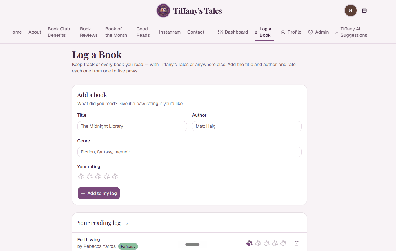 Tiffany's Tales — Log a Book page