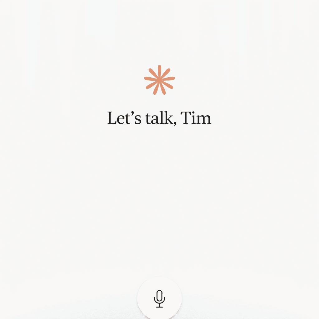 Claude's orange logo above the words "Let's talk, Tim" and a microphone button