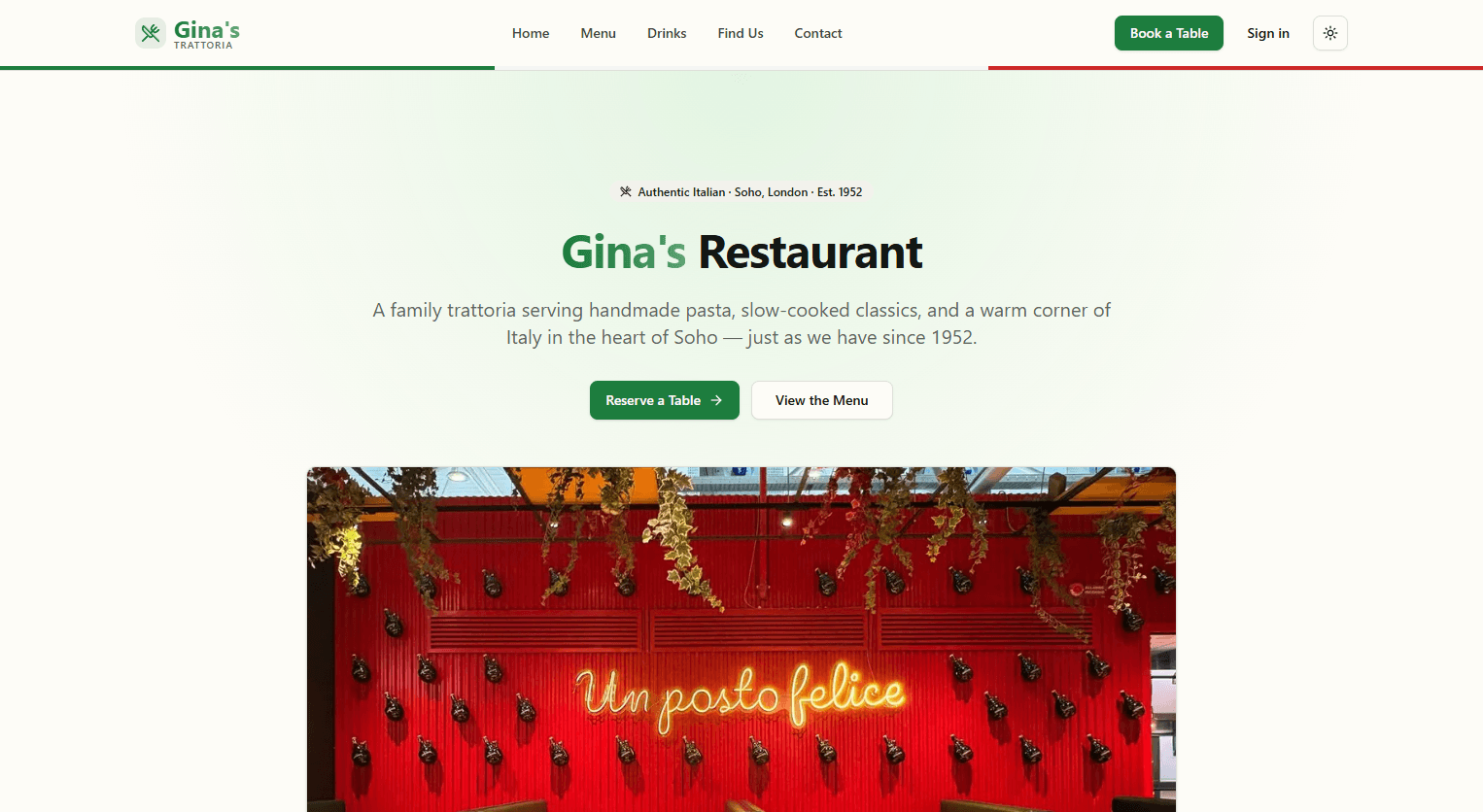 The home page of Gina's Trattoria, a live website I built